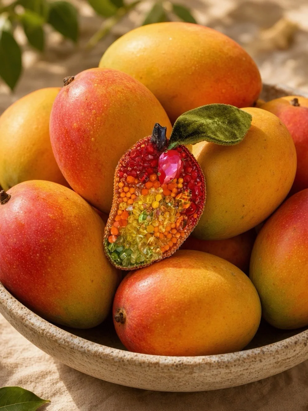 Beaded Mango Brooch Pin — Red Orange Yellow Green